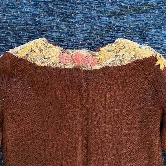 Free People Cottagecore Brown Cardigan with Floral beading and lace Embroidery - Picture 8 of 13